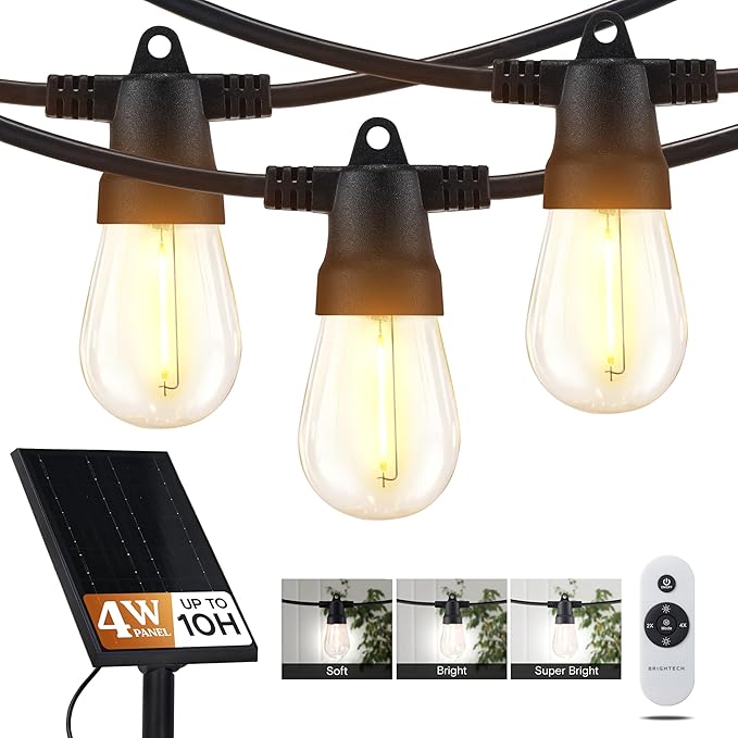 Brightech Ambience Pro Super Bright Solar - 27Ft Remote Control Outdoor String Lights with 12 Shatterproof S14 Bulbs, Commercial Grade LED, Waterproof Patio Lights, 4W Soft White for Patios, Gardens