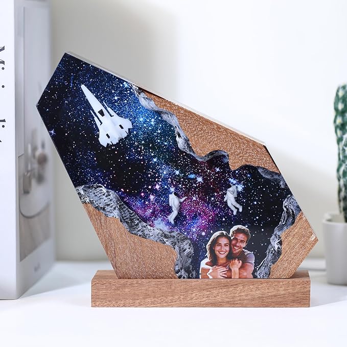 Custom Photo Space Resin Lamp - Handmade Galaxy Resin Night Light with Variable Lights, Unique Valentines Day Gifts for Him Her Kids, Personalized Birthday Gifts for Women Men Wife Husband (8"x5")