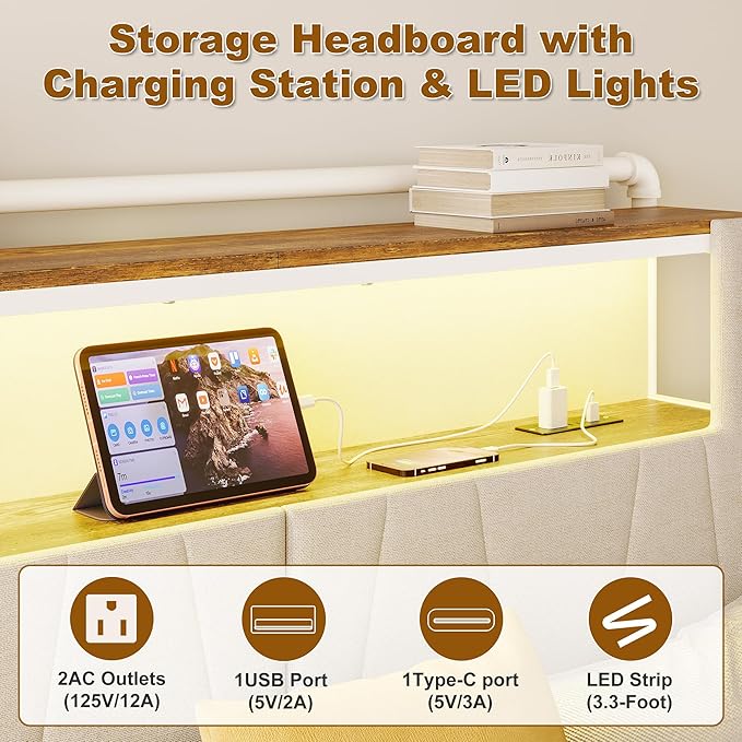 Queen Bed Frame with Storage Drawers, Upholstered Headboard with Charging Station & LED Lights, Metal Platform Bed Frame Queen Size, Noise Free, No Box Spring Needed, Easy Assembly, Beige