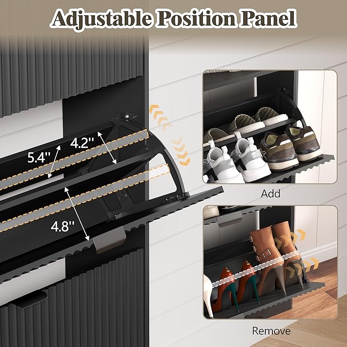 Shoe Cabinet Storage for Entryway with 2 Flip Drawers, Fluted Narrow Shoe Organizer with Wooden Legs, Freestanding Slim Shoe Storage Hidden Shoe Rack Organizer for Front Door Entrance, Black