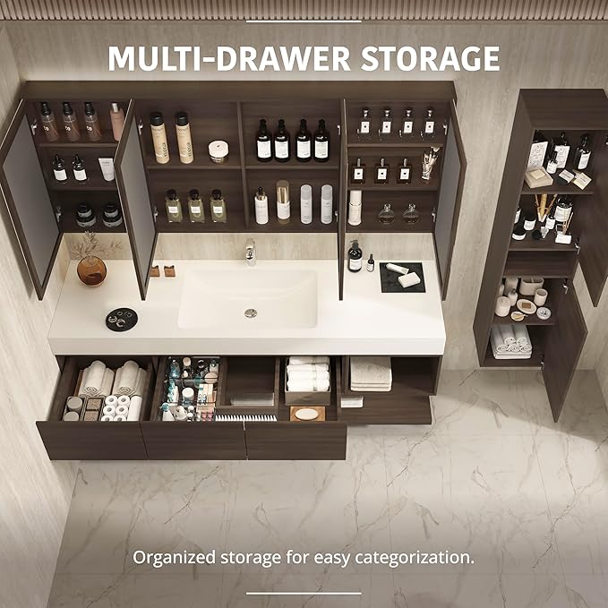 72" Modern Floating Bathroom Vanity Set with Sink, Side Cabinet, LED Smart Mirror Cabinet, 3 Soft-Close Drawers & Open Storage Shelves, Walnut