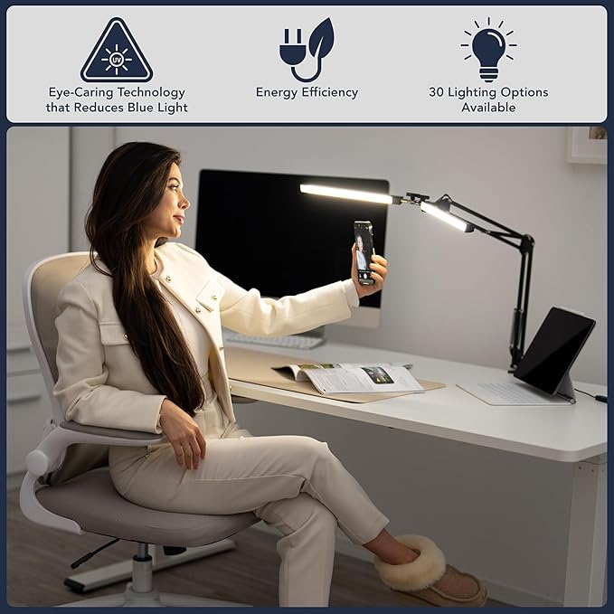 Double Head LED Desk Lamp, Ultra-Wide Coverage for 72" Workspaces, Eye-Caring, 360° Adjustable, Stepless Dimming, Remote Control, 10 Brightness Modes, 3 Color Temperatures, Energy Efficient