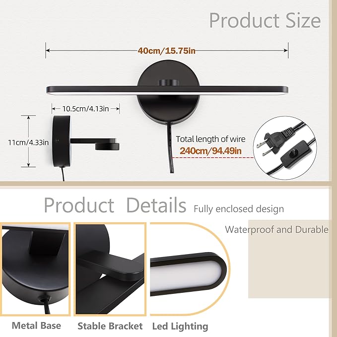 MantoLite LED Vanity Lighting Fixtures, 16inch Wall Mounted Plug in Light Fixtures Bathroom Over Mirror Lamp Modern Home Bedside Wall Picture Lamps Sconces, 12W 3000K Gallery Wall Light