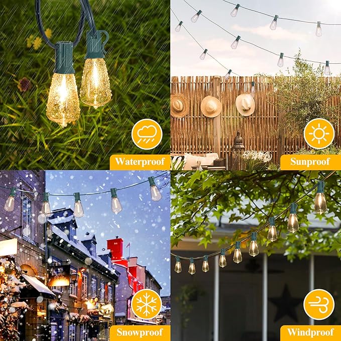 Brightever 50FT Outdoor String Lights Waterproof, 2700K Bright LED Patio Lights with 27 ST38 Shatterproof Vintage Bulbs, Retro Edison String Lights for Outside, Garden, Christmas Decor, Green Wire