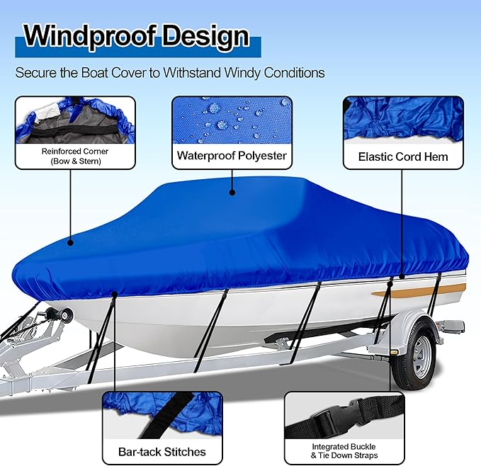 iCOVER Trailerable Boat Cover- 16'-18.5' Heavy Duty Waterproof Tarp Covers with Storage Bag, Fits V-Hull, Fish&Ski, Pro-Style, Fishing, Runabout, Bass Boats, up to 16ft-18.5ft Long X 94" Wide