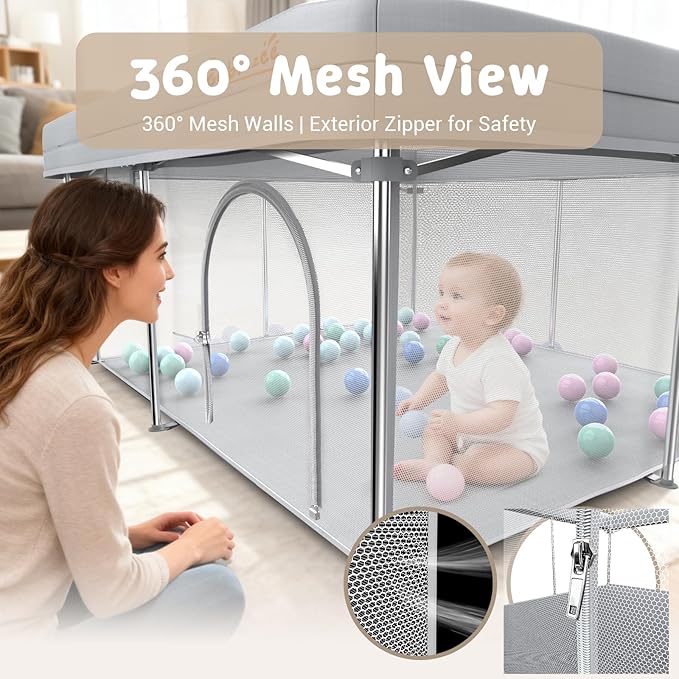Gelblazee Foldable Baby Playpen 50x50 Inch, Portable Play Yard for Babies & Toddlers, Safety Fence Play Area with Mat, Balls, Pull Rings & Carry Bag, Indoor Outdoor Baby Activity Center, Grey