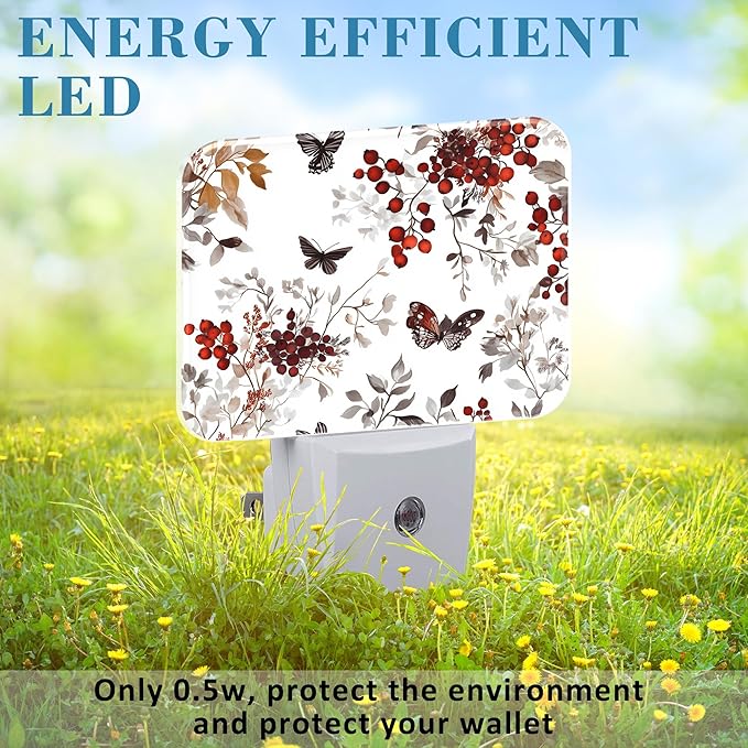 Vintage Wildflower Plants Night Light Plug into Wall, Butterfly Night Light with Dusk to Dawn Sensor for Kid Girls Boys Women Men Room, Hallway, Kitchen, Bathroom, Stairs Decor