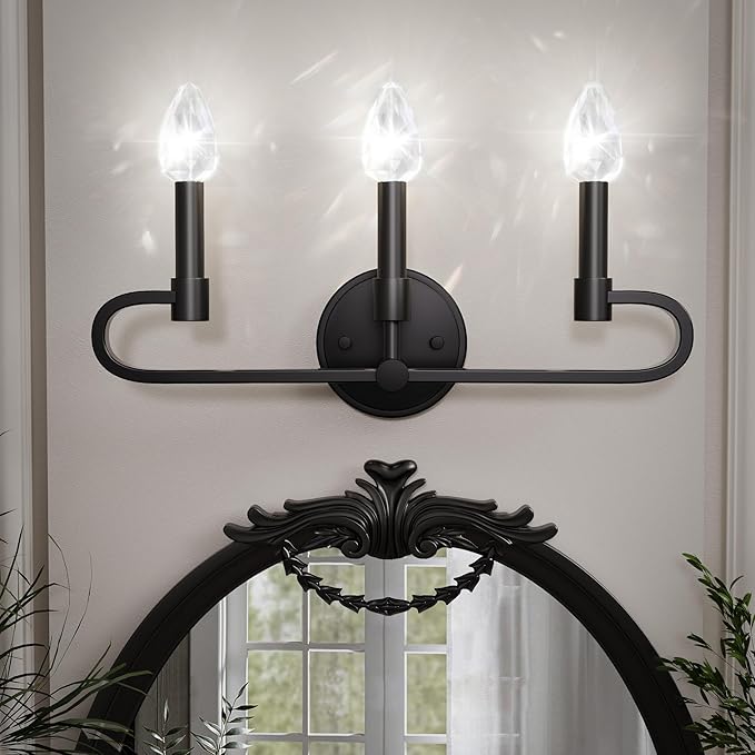 Bathroom Vanity Light, 3 Light Matte Black Vanity Lights with Crystal Bulbs, Crystal Bathrooms Wall Sconces, Bathroom Lighting Fixtures Over Mirror for Living Room Hallway (Includes Bulbs)