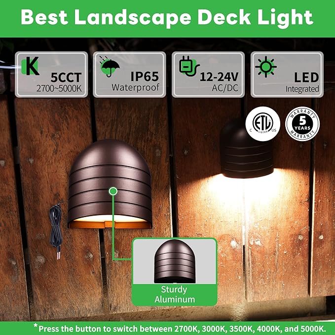Low Voltage Landscape Deck Lights - Oil-Rubbed Bronze 12V Deck Lights LED Outdoor, Warm White & Cool White Adjustable, Waterproof Step Light Aluminum for Yard Wall Fence Railing 4 Pack