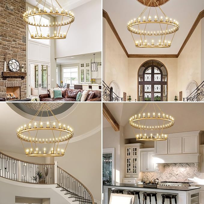 60" 2-Tier Wagon Wheel Chandelier, 54-Light Farmhouse Large Gold Chandelier Round Modern Rustic Industrial Adjustable Height for High Ceiling Living Room, Entryways, Foyer, Dining Room