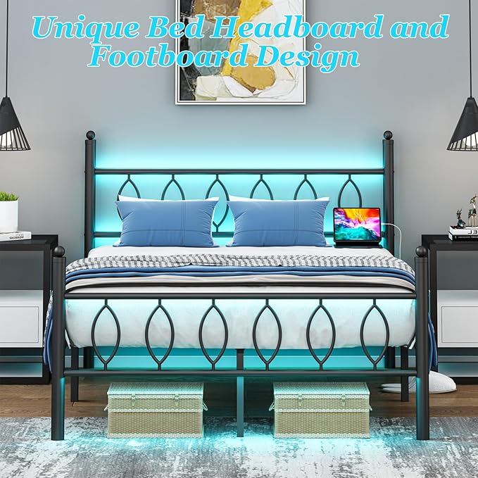 Full Size Bed Frame with Headboard,Black Metal Platform Bed Frame Full Size with Charging Station & LED Lights,12-Inch Under Bed Storage,No Box Spring Needed,Noise Free,Easy to Assemble