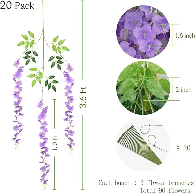 BLEUM CADE 20Pcs Purple Fake Wisteria Hanging Flowers, 3.6Ft/Pcs Artificial Wisteria Garland, Hanging Flowers for Wedding Party Home Backdrop Wall Decoration