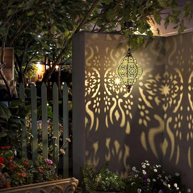 Hanging Solar Lights Outdoor Garden Decor Solar Lantern Waterproof Plastic Moroccan Outdoor Decorations for Patio Pathway Yard Backyard Garden Decorative (2 Pack, Bronze)