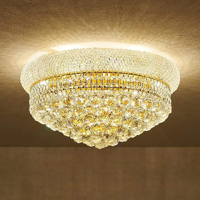 9 - Light Flush Mount Crystal Chandelier for Living Room Dining Room Entryway Hallway Bedroom Foyer Gold Finish