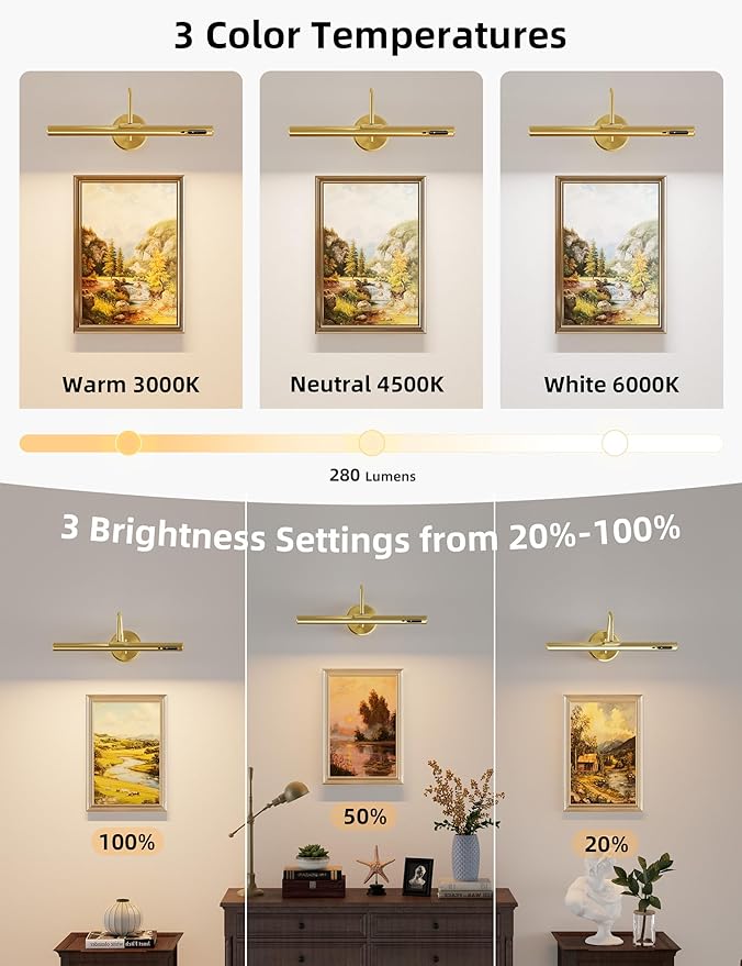 VOLISUN Picture Lights for Wall, 15.7'' Rechargeable Picture Light Battery Operated, 3 Color Temps Cordless Picture Light with Remote, Magnetic Art Light for Painting, Gallery, Portrait, 2 Pack(Brass)