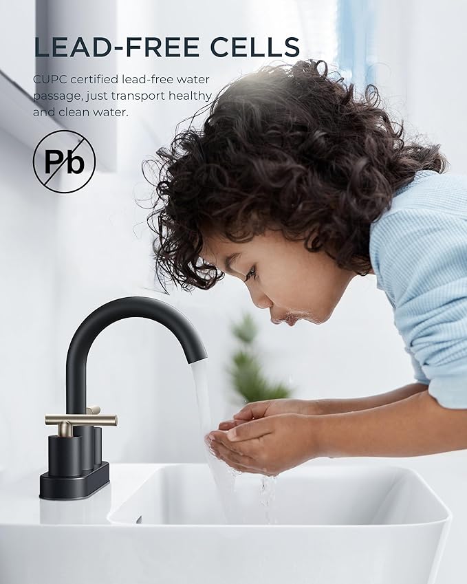 FORIOUS 4 Inch Centerset Bathroom Sink Faucet Black and Brushed Nickel, 2 Handle RV Bathroom Sink Faucet Matte Black 4" with Pop Up Dain, 24 in Hot and Cold Water Hoses, and 360 Degree Swivel Spout