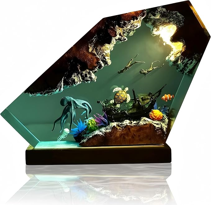 Handmade Ocean Resin Night Light 7-Color LED Lamp with Remote, Epoxy Resin Wood Lamp for Bedroom Decor & Desk, Romantic Valentine’s Day Gift for Her, Men's Office Decor (Octopus, Small)