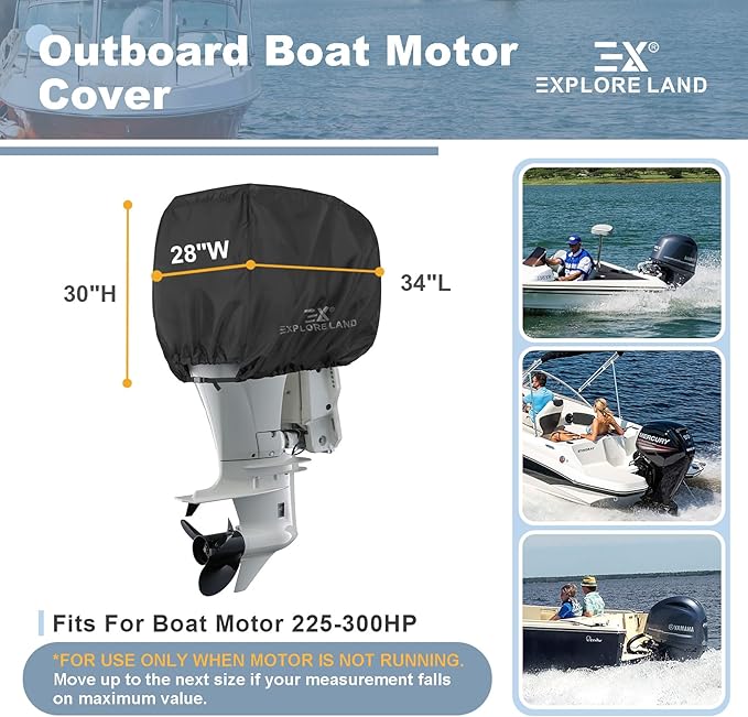 Explore Land Outboard Motor Cover - Waterproof 600D Heavy Duty Boat Engine Hood Covers - Fit for Motor 225-300 HP, Black
