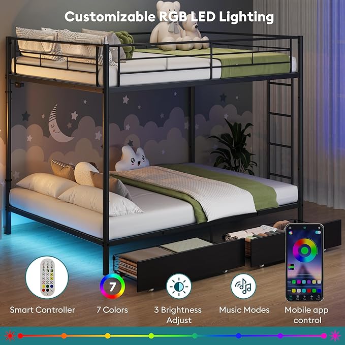Twin Over Twin Metal Bunk Bed with LED Lights, USB Charging Station, 2 Drawers, Guard Rails & Ladder – No Box Spring Needed, Easy Assembly, Black