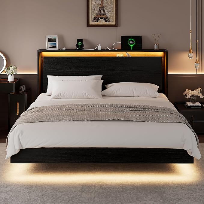 King Size Bed Frame with LED Lights & Charging Station – Wood Floating Bed Frame with Storage Headboard, Adhesive Slats, Kick-Free & Noise-Free Design, Easy Assembly, Black