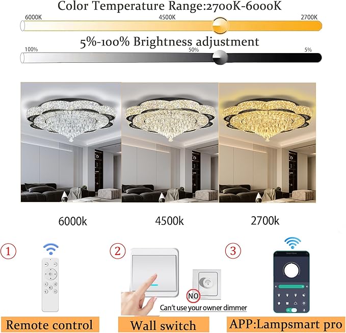 Modern 32inch Empire Crystal Chandelier Black Crystal Raindrop Ceiling Light for Living Room Bedroom LED Infinity Dimmable 3000-6000K