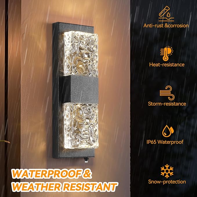 HITTO Dusk to Dawn Outdoor Lighting,Porch Lights Outdoor IP65 Waterproof Exterior Lighting Fixtures 12W LED Ripple Crystal Modern Outside Light for House Hallway Doorway Patio,14.2'' Black, 2PCS