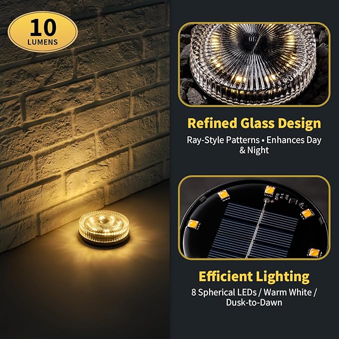 Glass Solar Ground Lights with Ray Style, Modular-Design Waterproof In-Ground Light for Patio Pathway Lawn Yard Deck Walkway, Decorative Disk Lighting for Garden Bed, Warm White (4 Pack)