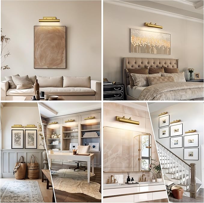 AUDOSY18 Brass Picture Light, 270° Rotatable Gold Wall Sconce Hardwired, 3-Light Vanity Wall Light Over Mirror, Dimmable Picture Art Light for Living Room, Bedroom & Bathroom- Upgrade