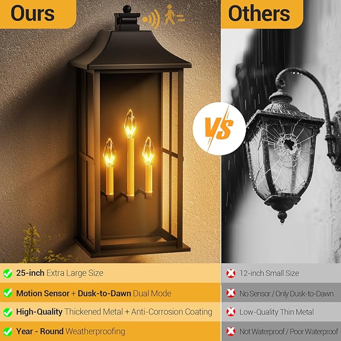 25-INCH Outdoor Wall Light, Dusk to Dawn Outdoor Wall Lantern with Motion Sensor, Black Exterior Wall Sconce, Waterproof Outdoor Light Fixture for House, Patio, Garage, Porch, Front Door