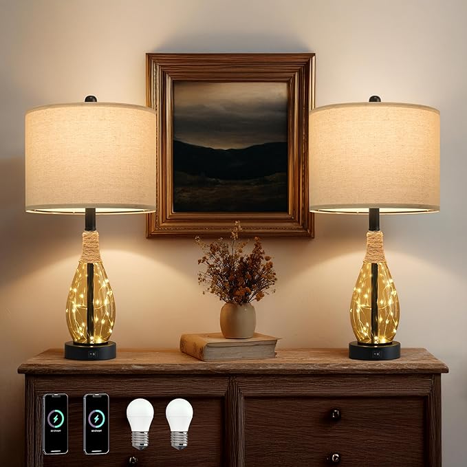 OYEARS 23" Table Lamps for Living Room Set of 2 Bedside Lamps for Night Stands Bedroom Lamps Farmhouse Rattan Boho Lamp Glass Nightlight End Table Lamp,Two Light Points