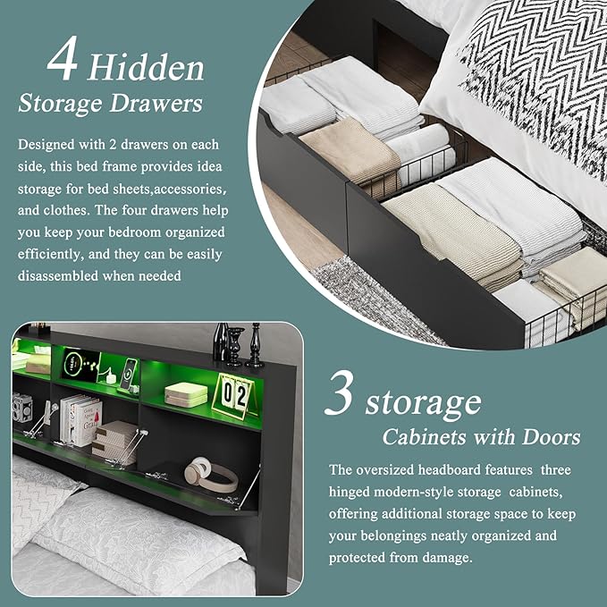 Black King Bed Frame with Storage Drawers, King Size Bed Frame with 48" Tall Storage Headboard and Charging Station, Platform Bed with LED Lights, No Box Spring Needed, Easy Assembly