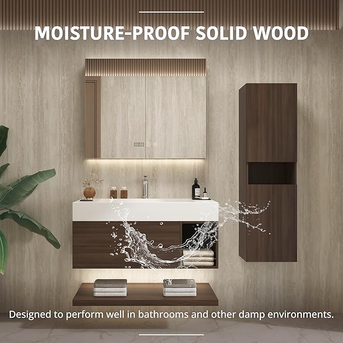 42" Modern Floating Bathroom Vanity Set with Sink, Side Cabinet, LED Smart Mirror Cabinet, Soft-Close Drawer & Open Storage Shelves, Walnut