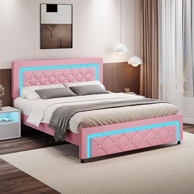 Full Bed Frames with LED Lights, Upholstered Platform Bed with Diamond Tufted Headboard, No Box Spring Needed, Noise Free, Easy Assembly, Pink