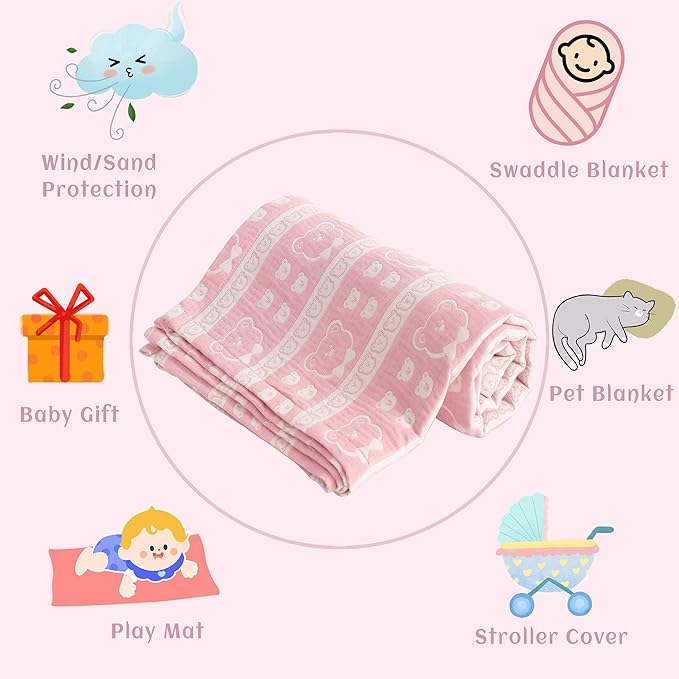 NTBAY 3 Layer Muslin Cotton Toddler Blanket, Jacquard Reversible Nursery Bed Blanket, Super Soft and Thermal for All Seasons, Decoration Gift, 30"x40", Pink Bear