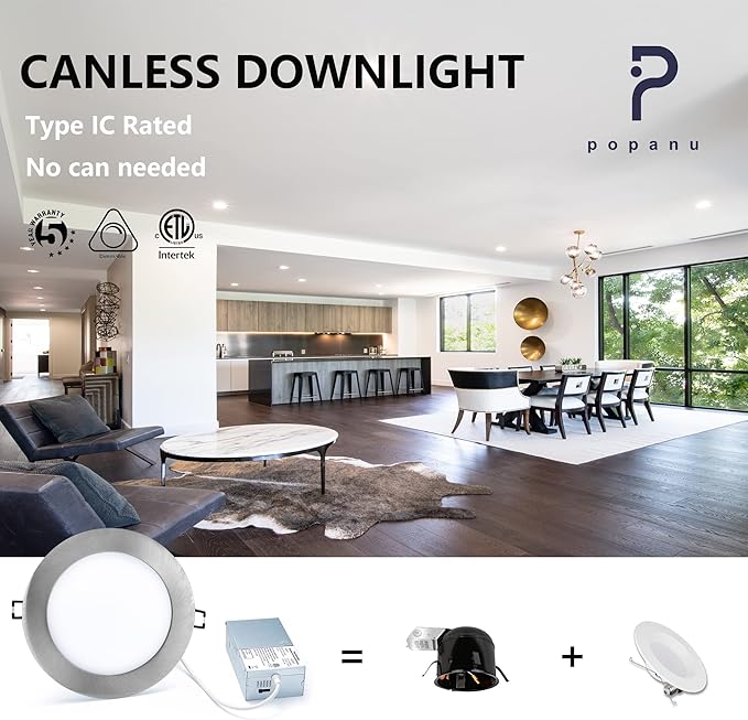 Premium LED Canless Recessed Downlight Ultra-Thin 6 Inch 5 CCT Adjustable Ceilling Light with Junction Box, 12W Color Temperature Selectable Lighting Fixture, Dimmable, 6 Pack, Brushed Nickel