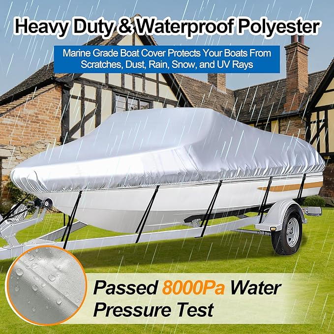 iCOVER Trailerable Boat Cover- 16'-18.5' Heavy Duty Waterproof Tarp Covers with Storage Bag, Fits V-Hull, Fish&Ski, Pro-Style, Fishing, Runabout, Bass Boats, up to 16ft-18.5ft Long X 94" Wide
