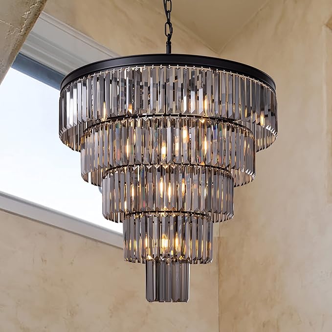 TOCHIC Black Crystal Chandelier for Living Room, 31.5 inch 5-Tiers Modern K9 Smoke Grey Chandeliers Light Fixture for Dining Room, Round Raindrop Large Chandelier for High Ceiling, Staircase, Foyer