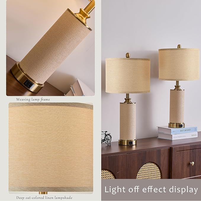 25.5"Boho Weaving Gold Large Table Lamps Set of 2, Touch Control 3-Way Dimmable Farmhouse Bedside Lamps with USB A+C Charging Ports for Living Room/Bedroom/Office-with (2 LED Bulbs Included)
