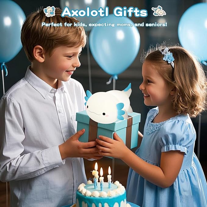 Axolotl Night Light, Nursery Lamp, 2-Level Dimmable, Touch Control, 20-Min Timer, Rechargeable, 100% Safe &Soft Silicone, Cute, Adorable, Soothing Ambiance, Gift for Kids, Blue
