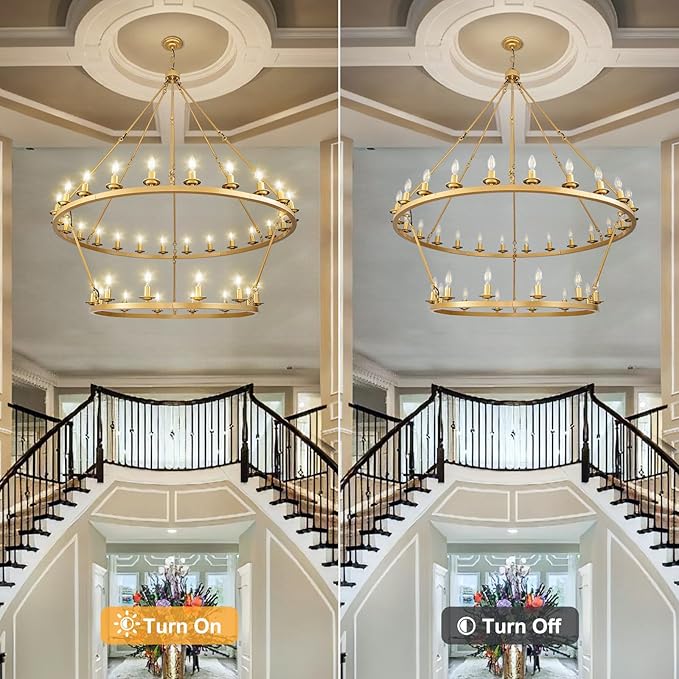 53" 2-Tier Wagon Wheel Chandelier, 36-Light Farmhouse Large Gold Chandelier Round Modern Rustic Industrial Adjustable Height for High Ceiling Living Room, Entryways, Foyer, Dining Room