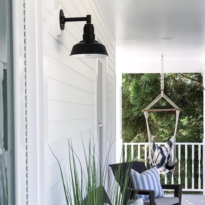 Steel Lighting Co. Hawthorne Barn Light | Outdoor Wall Mounted | 8 inch Dome | 11 inch Gooseneck| Small Farmhouse Light Made in America | Matte Black Exterior/Brass Interior