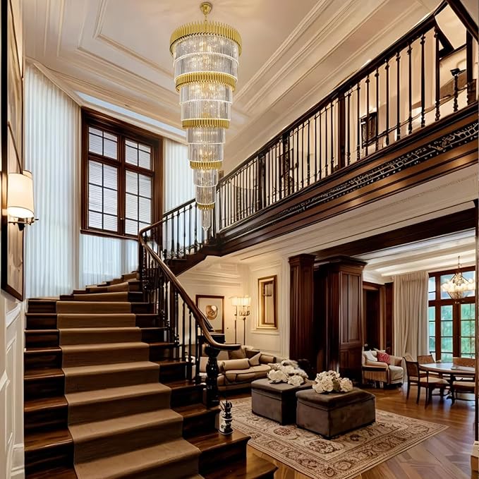 Extra Large 9-Tier Gold Crystal Chandelier Long Stair Chandeliers Luxury Empire Crystal Chandelier Lighting for High Ceiling Entryway Foyer Grand Hotel Lobby 31-Light H84 x W40