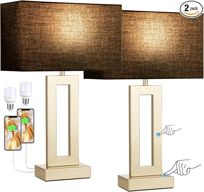 Seealle Nightstand Table Lamps for Bedrooms Set of 2 - Touch Bedside Lamp with USB C+A, 3 Way Dimmable Living Room Lamps for End Tables Set of 2(Black&Gold)