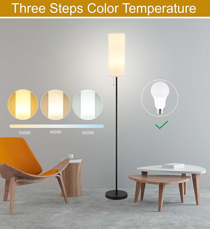 Floor Lamp for Living Room, Modern Standing Lamps with Lampshade, Minimalist Tall Lamp with Chain Switch for Living Room, Bedroom, Kids Room, Office,Standing Lamp LED Bulb Included (White Shade)