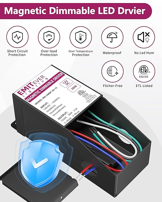 EMITEVER 30W Magnetic Dimmable LED Drvier, 12V Transformer Magnetic Power Supply 120VAC to 12VDC, Compatible with Lutron and Leviton Dimmer, for LED Strip Light,Kitchen,Cabinet,ETL Listed,Class2