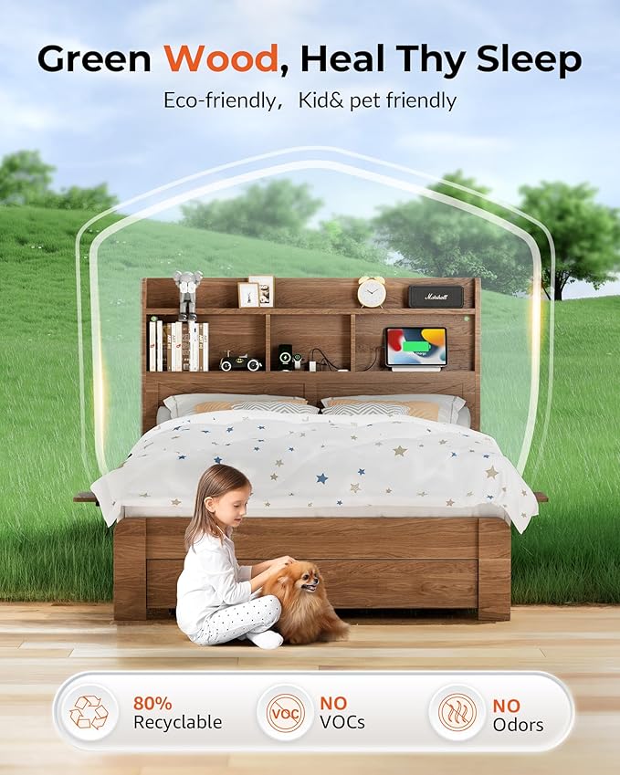 Full Size Bed Frame with 2-Tier Storage Headboard, LED Lights, Charging Station, 2 Drawers, 800lbs Capacity, Wood & Metal Platform, Noise-Free, No Box Spring Needed, Barn Door Design