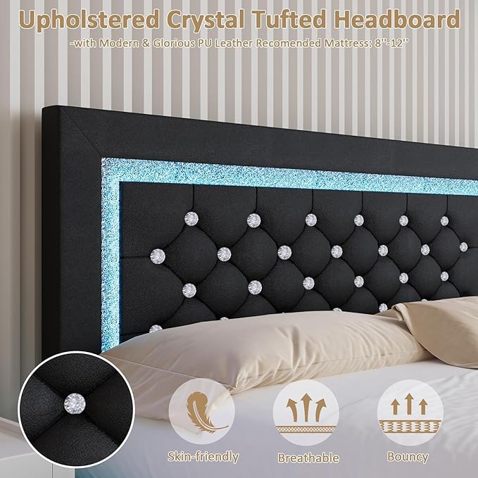 BarnFurin Floating Bed Frame King with LED Lights, Upholstered Platform Bed with Diamond Tufted Headboard, No Box Spring Needed, Noise Free, Easy Assembly, Black