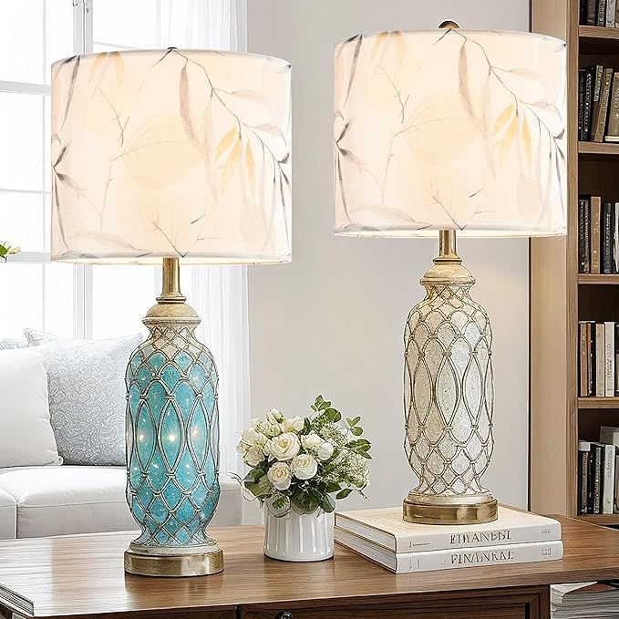 GO&SO Drum Lampshades Printed Lamp Shades - 13" x 13" x 10" - Ideal for Table & Floor Lamps Natural Linen- Hand Crafted - Farmhouse Decor - Easy Assembly Required