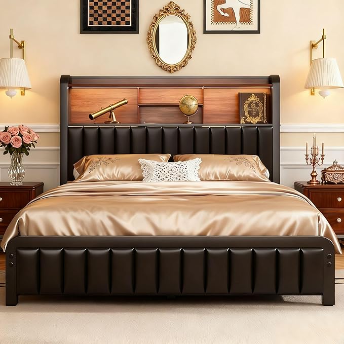 Queen Size Bed Frame with 3-Tier Storage Headboard and LED Lights,Upholstered Platform Bed with Charging Station, Heavy Duty Metal Frame Support,PU Leather,No Box Spring Needed, Black
