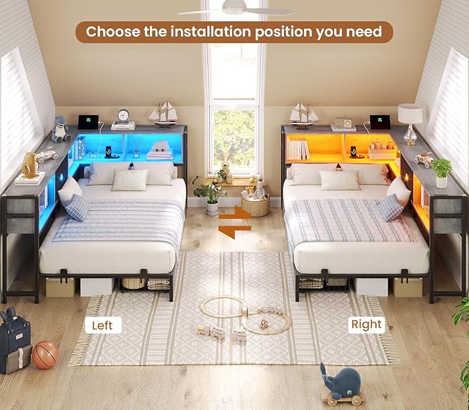 Hasuit Twin Corner Bed Frame with Storage Drawers and Bookcase Headboard, Twin Size Metal Platform Corner Bed Frame with Charging Station and LED Lights, Twin Daybed for Kids Teens Guests, Oak Gray